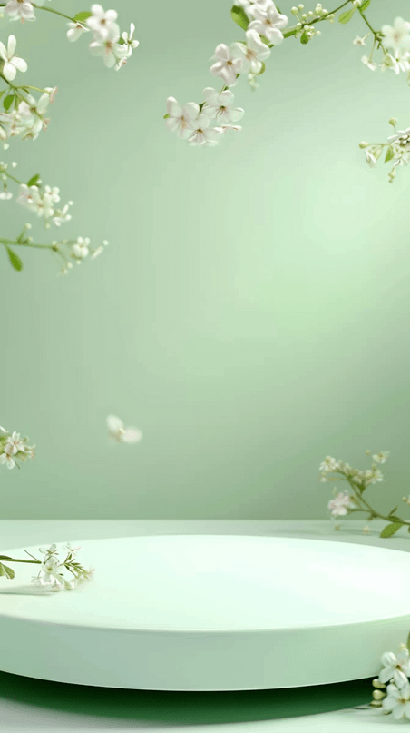绿色直播花朵浅绿清透质感春天3D梨花花枝电商展台图片