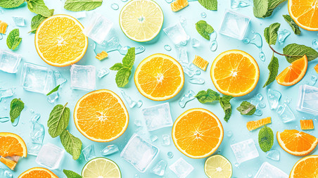 创意夏天清凉水果切片的橙子冰块薄荷叶摄影照片
