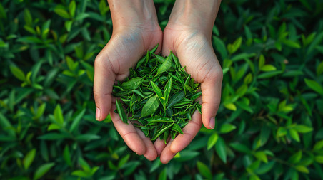 茶农茶园植物叶子创意手捧清香茶叶立体描绘摄影照片