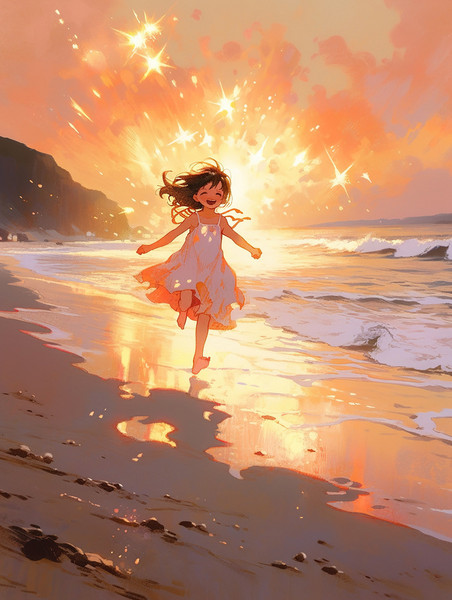 夏天大海沙滩漫画梦幻可爱的小女孩在海滩上奔跑素材