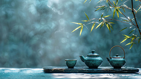 创意青色茶具立体描绘摄影照片春天绿色中国风茶叶春茶