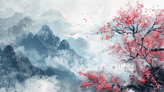 创意彩色水彩中国风盛开的樱花风景插画春天美景