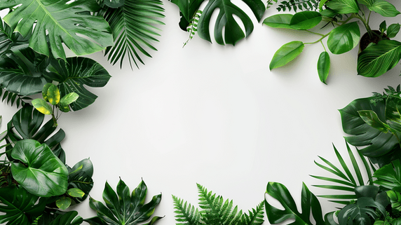 创意植物绿叶边框白墙上绿植春天夏天芭蕉叶边框简约背景