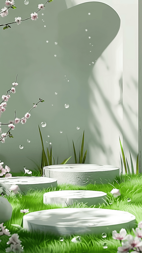 创意3D春天樱花花枝促销电商展台背景绿色