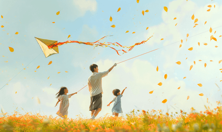 创意儿童节亚洲人一家三口在草地上放风筝春天旅游出游踏青露营