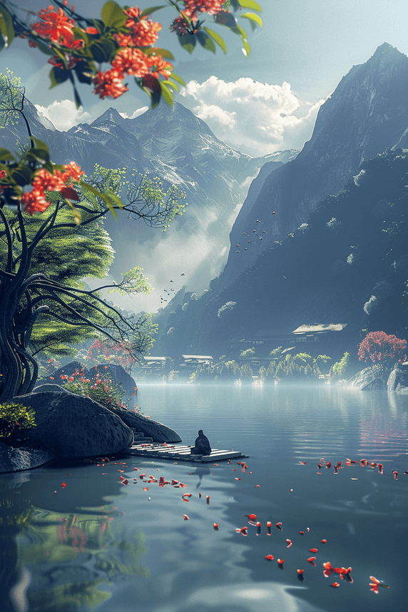 创意湖泊山川风景插画手绘中国风清明节江南