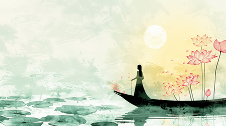 水彩夏天中国风水墨荷花古风女子小船的插画5