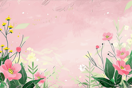 创意春天植物手绘花朵插画粉色水彩植物边框背景