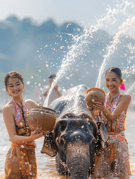 创意泼水节大象庆祝传统节日庆典泰国姑娘民族传统节日习俗