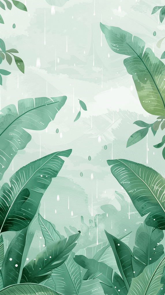 创意春天植物夏天下雨谷雨节气雨中绿植芭蕉叶背景