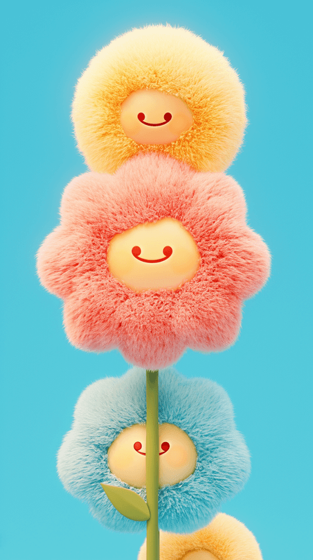 创意春天梦幻童话儿童节卡通可爱风春天3D毛绒绒鲜艳花朵春天植物花卉