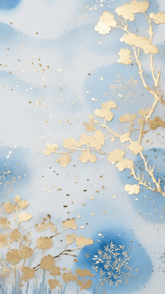 创意中式刺绣传统国风花卉刺绣纹理蓝色金箔背景9