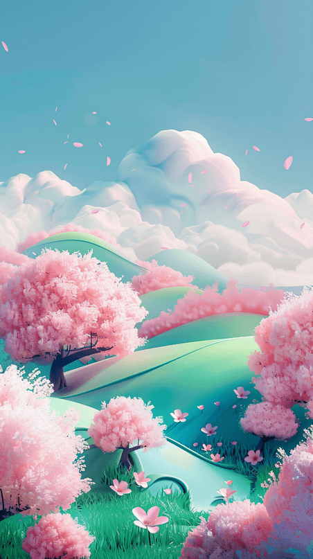 创意春天樱花公园可爱美丽的春天景色的3D插图