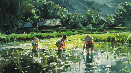 创意水彩绘画田地里农民儿童种水稻的春耕种田插画2