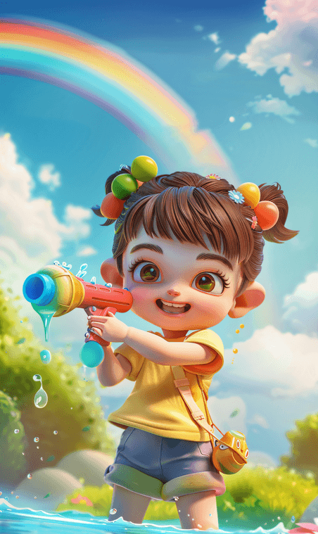 创意儿童节童趣童年纯真一个快乐的5岁女孩拿着彩色水枪