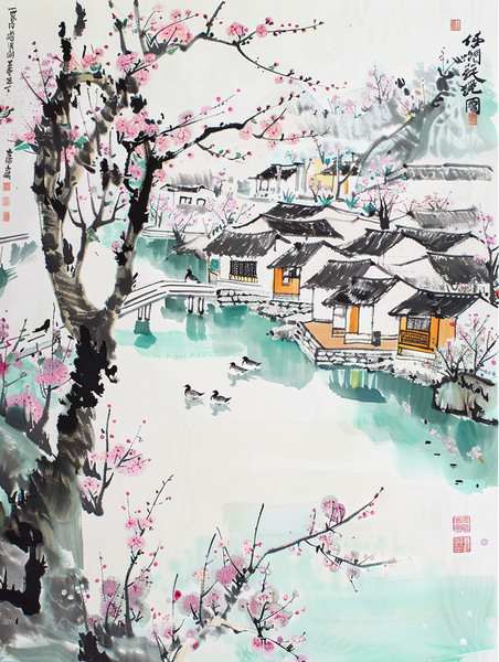 中国风水墨春天江南桃树盛开的春水风光池塘插画图片