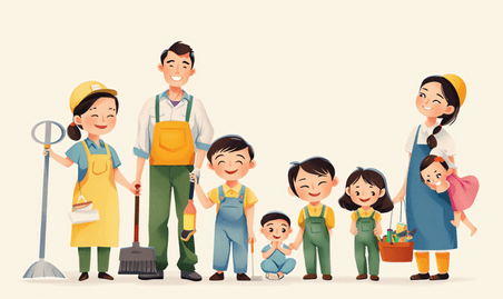 创意亚洲人职业人物劳动节幸福家庭与维修服务人员