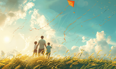 儿童节踏青家庭旅游亚洲人一家三口在草地上放风筝