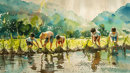 创意水彩绘画田地里农民儿童春耕种田种水稻的插画10