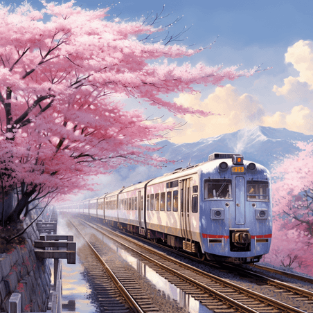 创意铁道上美丽的樱花春景春天植物花卉高铁列车火车