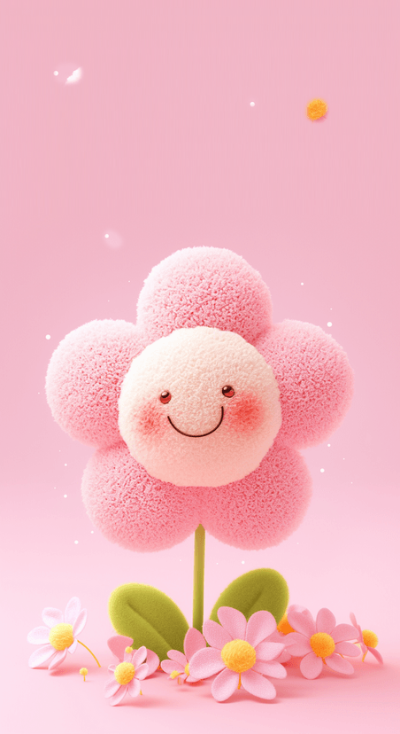 创意浪漫粉色卡通可爱风春天3D毛绒绒质感花朵设计