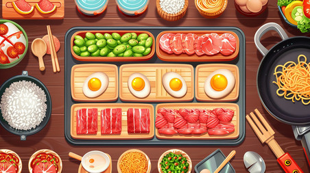 创意游戏桌面美食火锅材料蔬菜肉类矢量插画