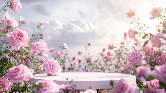 创意春天花朵植物浪漫唯美温暖蔷薇圆台合成创意素材背景