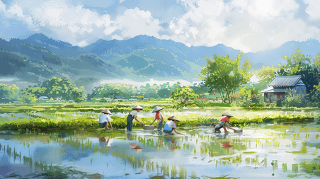 创意水彩春耕种田绘画田地里农民儿童种水稻的插画9