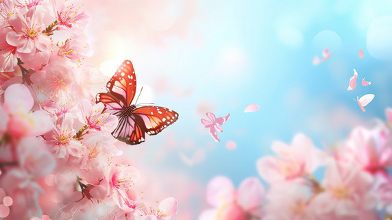 创意粉红色樱花和飞翔的蝴蝶设计