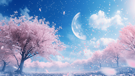 创意粉蓝色树木樱花浪漫唯美月亮天空的背景