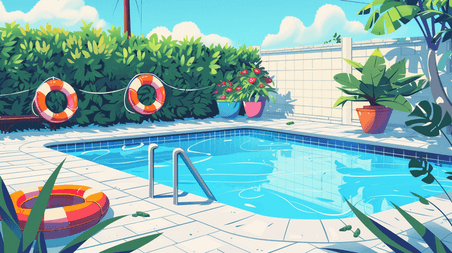 夏天夏季游泳庭院里泳池的插画