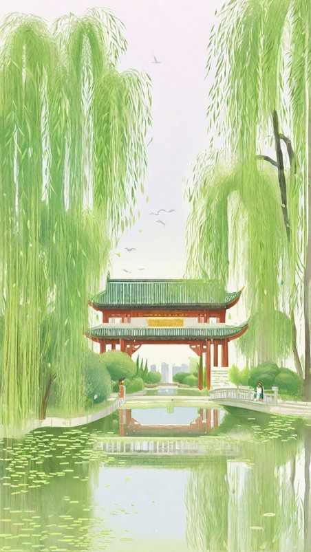 创意绿色中国风江南水乡春天清明节垂柳景观背景图片