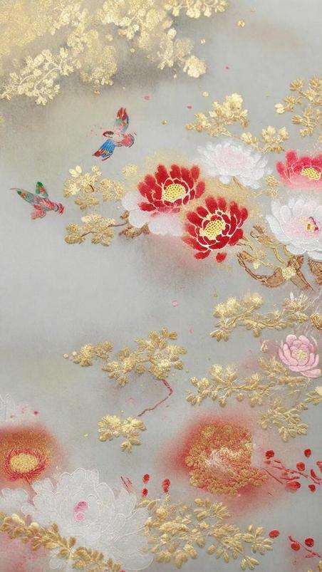创意金色中式刺绣传统国风花卉刺绣纹理背景15