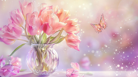 创意春天浪漫唯美盛开的郁金香花朵插花插画海报