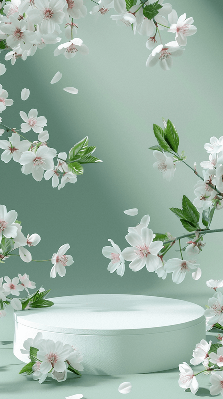创意浅绿清透质感春天3D梨花花枝电商展台绿色直播