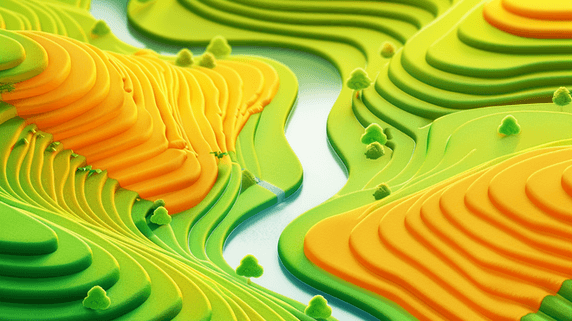 创意3D渲染的春天里的绿色田园风景春季农田村庄梯田农业