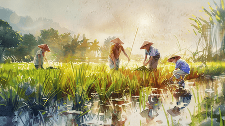 创意水彩绘画田地里农民儿童种水稻春耕种田的插画11