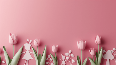 创意剪纸风粉色母亲节母女和粉色花朵春天郁金香背景