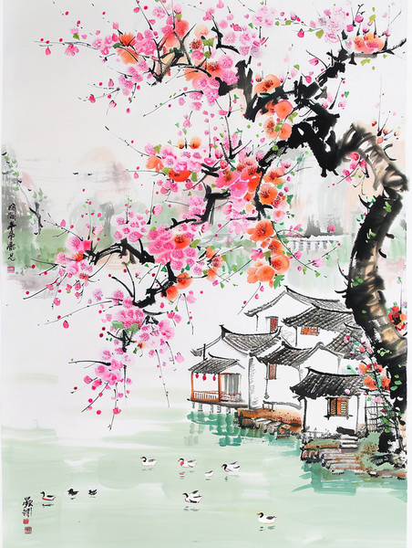 创意桃树盛开的春水风光池塘图片