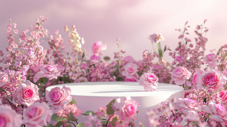 春天樱花花朵植物浪漫唯美温暖蔷薇圆台合成创意素材背景