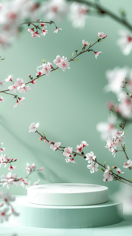 绿色直播花朵浅绿清透质感春天3D梨花花枝电商展台绿色直播背景