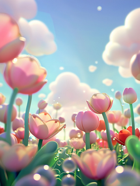 创意3D卡通春季景观郁金香春天植物花朵