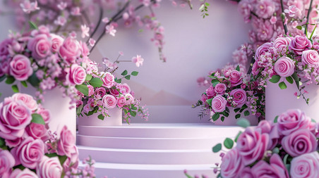 春天花朵植物浪漫唯美温暖蔷薇圆台合成创意素材背景