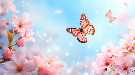 创意粉红色樱花和飞翔的蝴蝶设计图