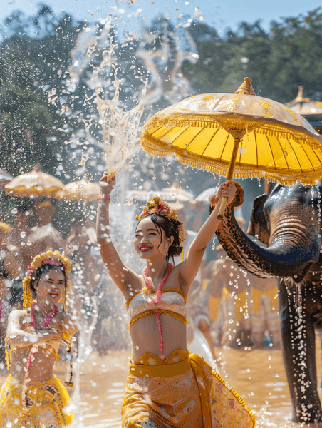 创意泼水节大象庆祝传统节日庆典傣族姑娘民族传统节日习俗