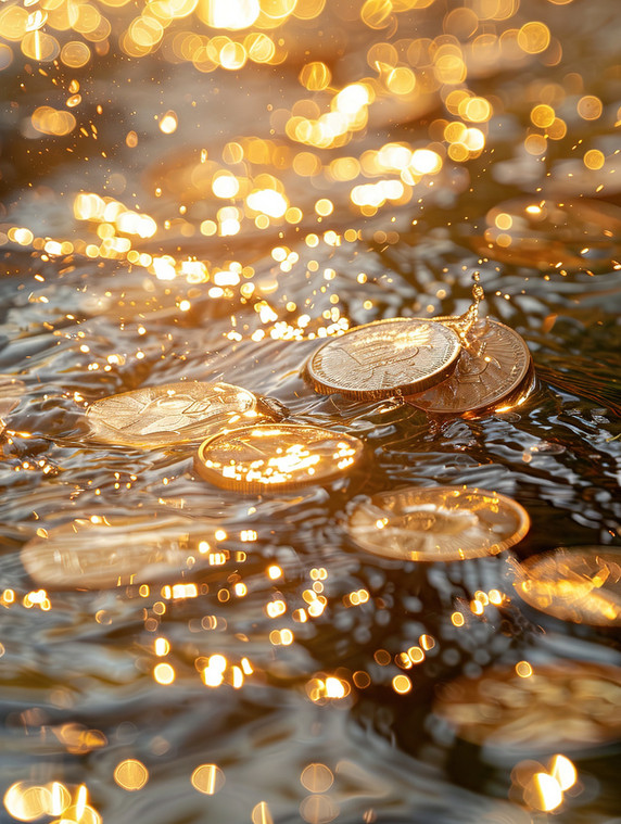 创意水上金币好运加持流水生财海面水面水波大海原创插画