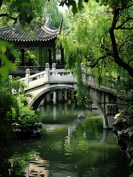 创意中式江南园林春天绿色小桥流水风景