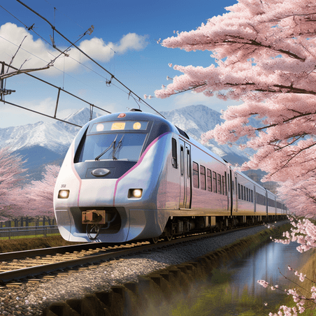 创意在樱花盛开的铁轨上飞驰的高速列车
