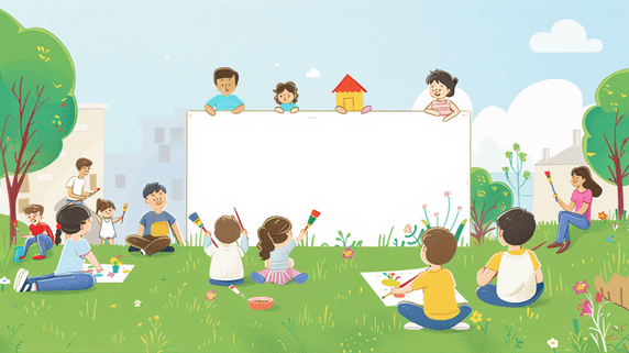 创意幼儿园卡通边框画布儿童节上绘画课的儿童插画