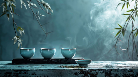 创意青色茶具立体描绘摄影照片春天绿色中国风茶叶春茶